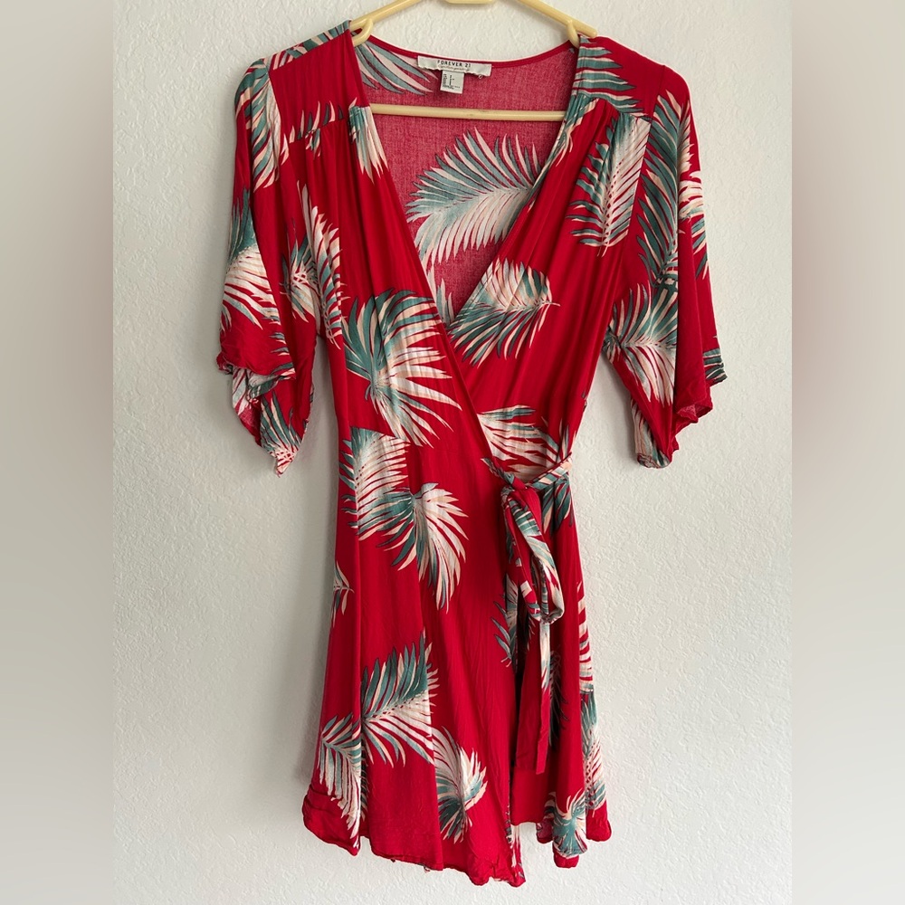 Forever 21 Red and Teal Leaf Print Dress